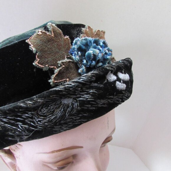 Antique Edwardian Style Black & Green Velvet Hat main image 9